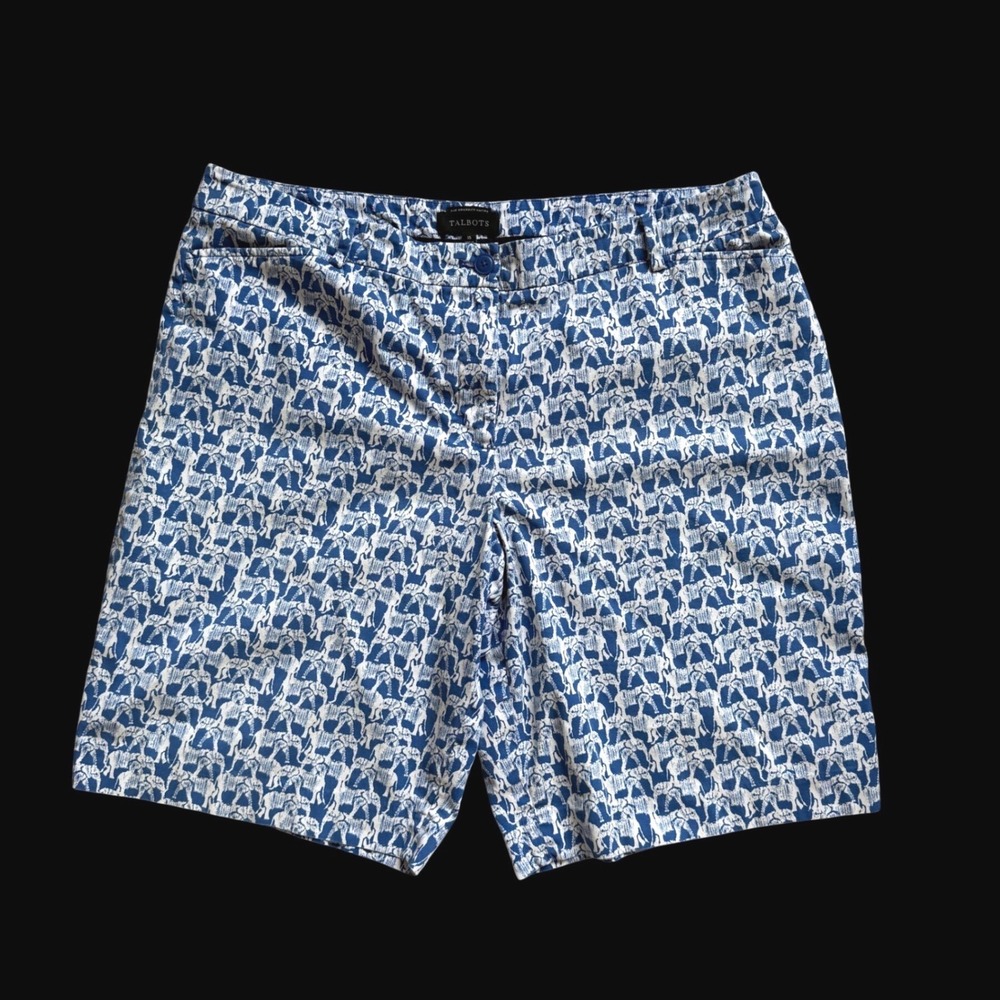 Talbots The Perfect Short Blue White Elephant Print Cotton Stretch Chino Size 16